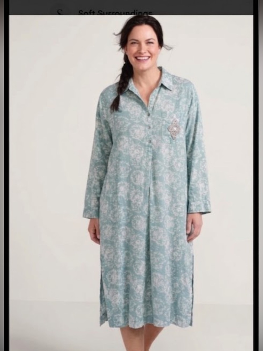 Soft Surroundings size L dandelion print light teal nightshirt gown